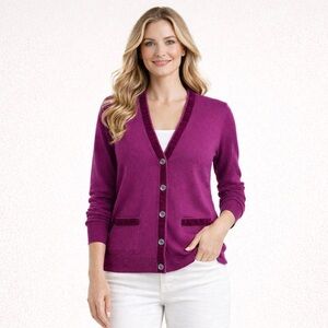 J Crew Merino Wool Vibrant Magenta Cardigan with Velvet Trim Size M